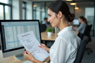 Femme au bureau annotant un schéma de base de données avec des abréviations incohérentes pour le champ appartement