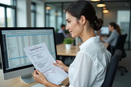 Femme au bureau annotant un schéma de base de données avec des abréviations incohérentes pour le champ appartement