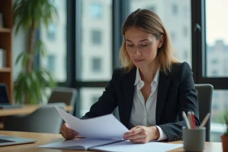 Femme professionnelle examinant un dossier de location au bureau