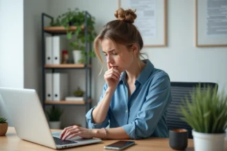 Femme au bureau regardant son ordinateur avec frustration