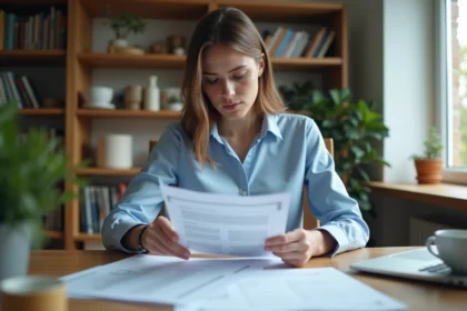 Jeune femme en CDI étudiant un dossier de demande de logement social AL'in à son bureau à domicile
