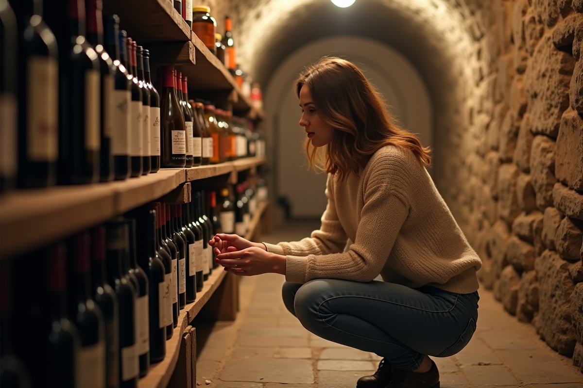 Jeune femme examinant des bouteilles dans un cellar rustique