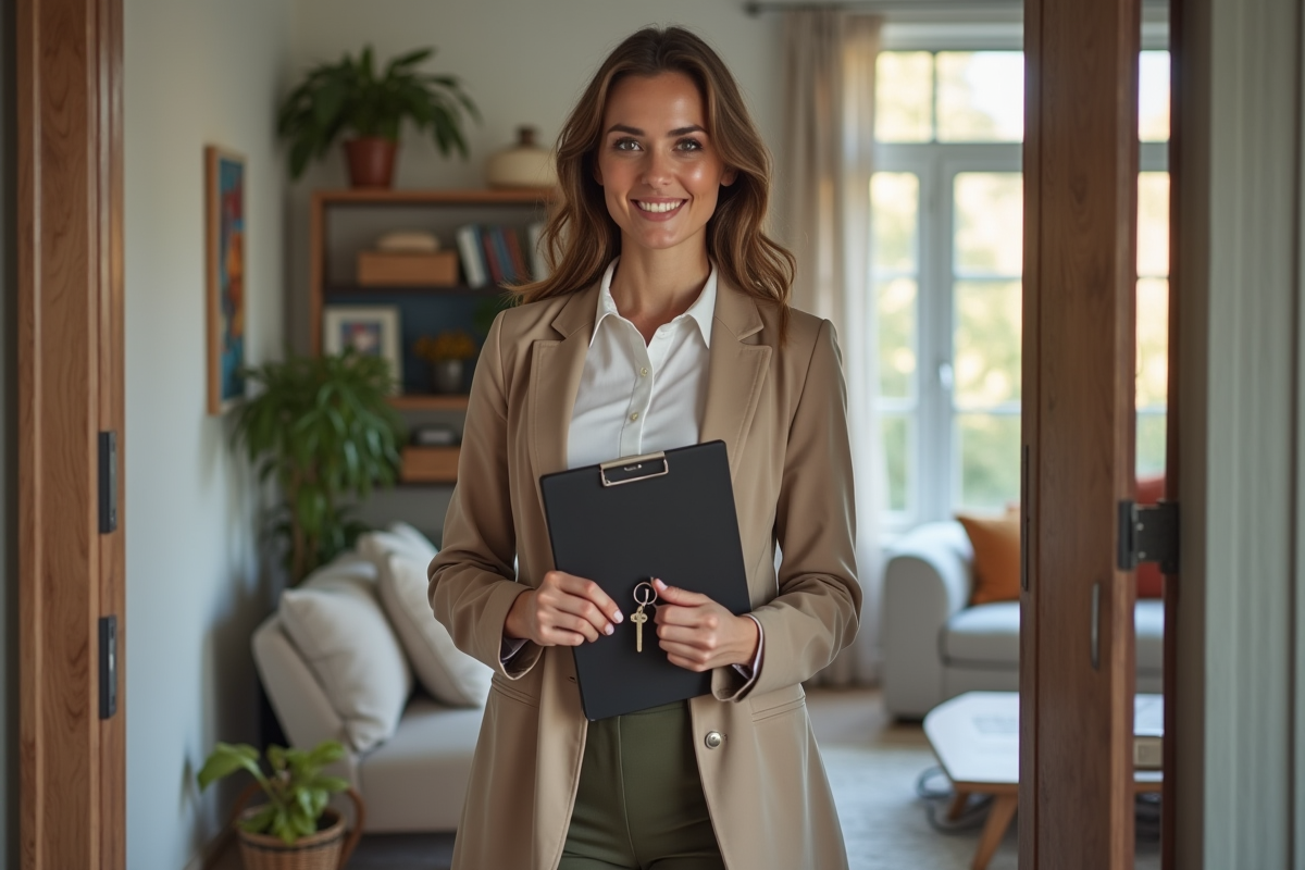 Jeune femme souriante tenant des clés devant un appartement