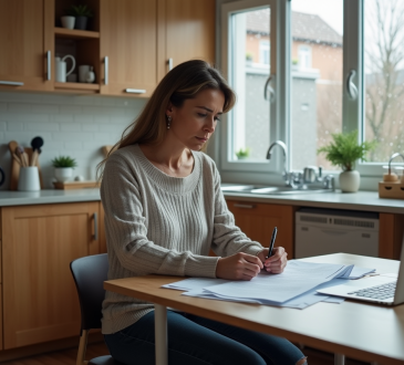 Femme d'âge moyen examinant des documents d'assurance inondation