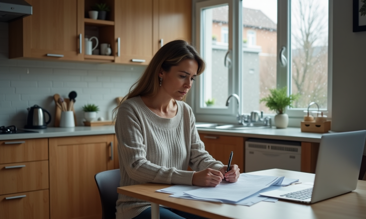 Femme d'âge moyen examinant des documents d'assurance inondation