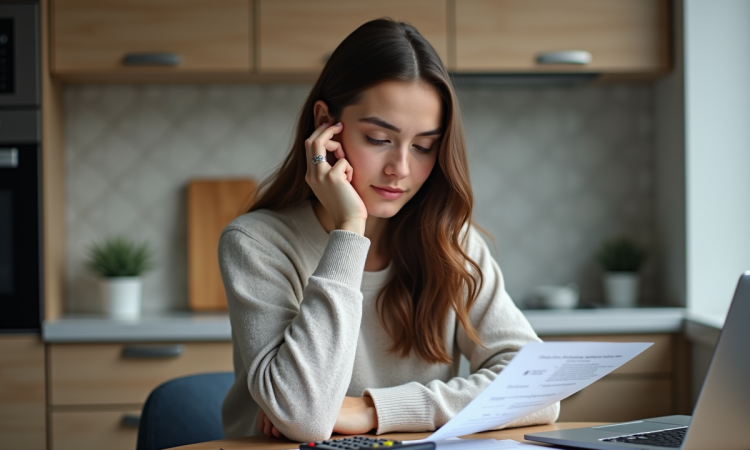 Jeune femme concentrée vérifiant un contrat de location