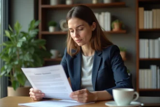 Femme consultant un contrat de prêt à taux zéro PTZ sur un bureau en bois dans un bureau à domicile moderne