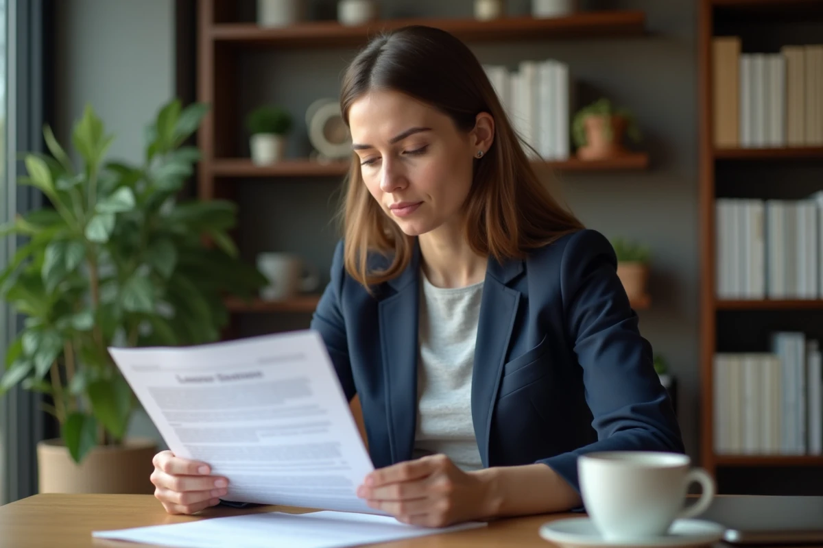 Femme consultant un contrat de prêt à taux zéro PTZ sur un bureau en bois dans un bureau à domicile moderne