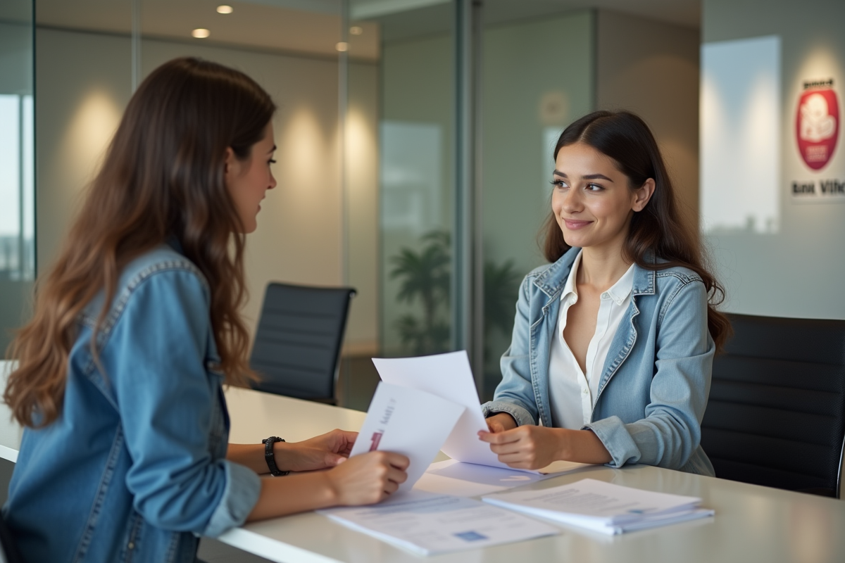 Jeune femme discute de papiers avec un conseiller dans une banque moderne