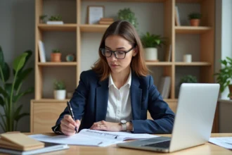 Femme consultant un dossier de demande d'aide au logement sur son bureau à domicile