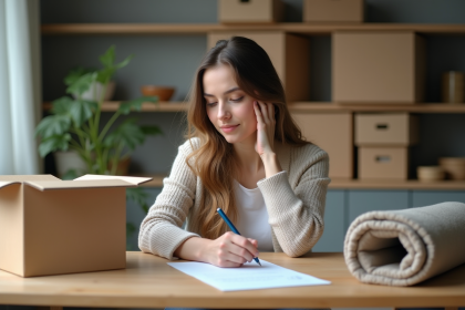 Femme remplissant des papiers dans un appartement en déménagement