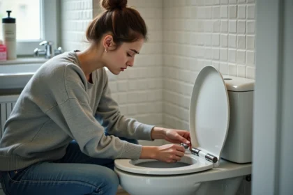 Jeune femme vérifiant la vanne de toilette dans une salle de bain moderne