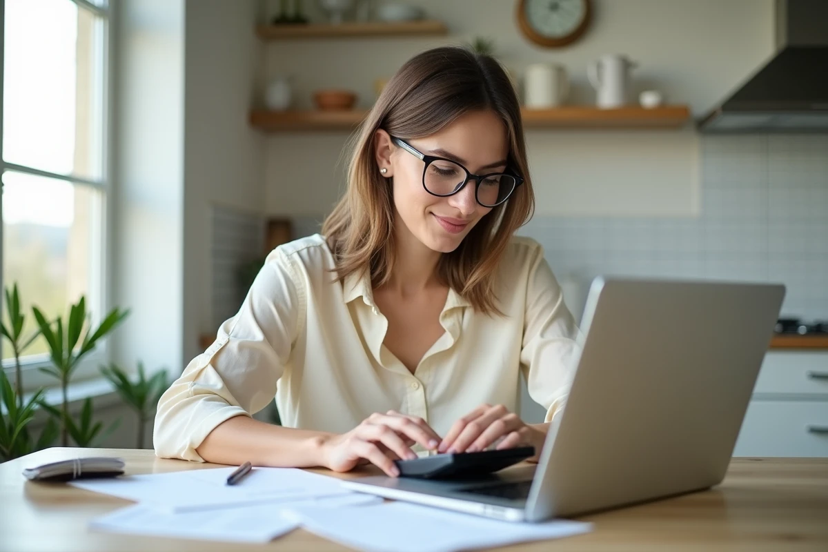 Jeune femme en blouse écrivant ses chiffres sur la table de cuisine