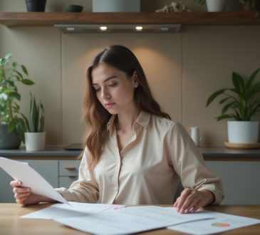 Jeune femme réfléchissant à ses finances à la maison
