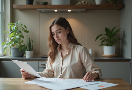 Jeune femme réfléchissant à ses finances à la maison