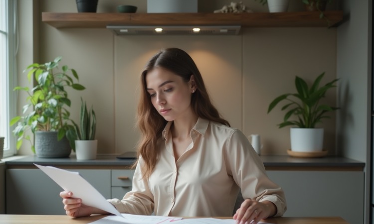 Jeune femme réfléchissant à ses finances à la maison