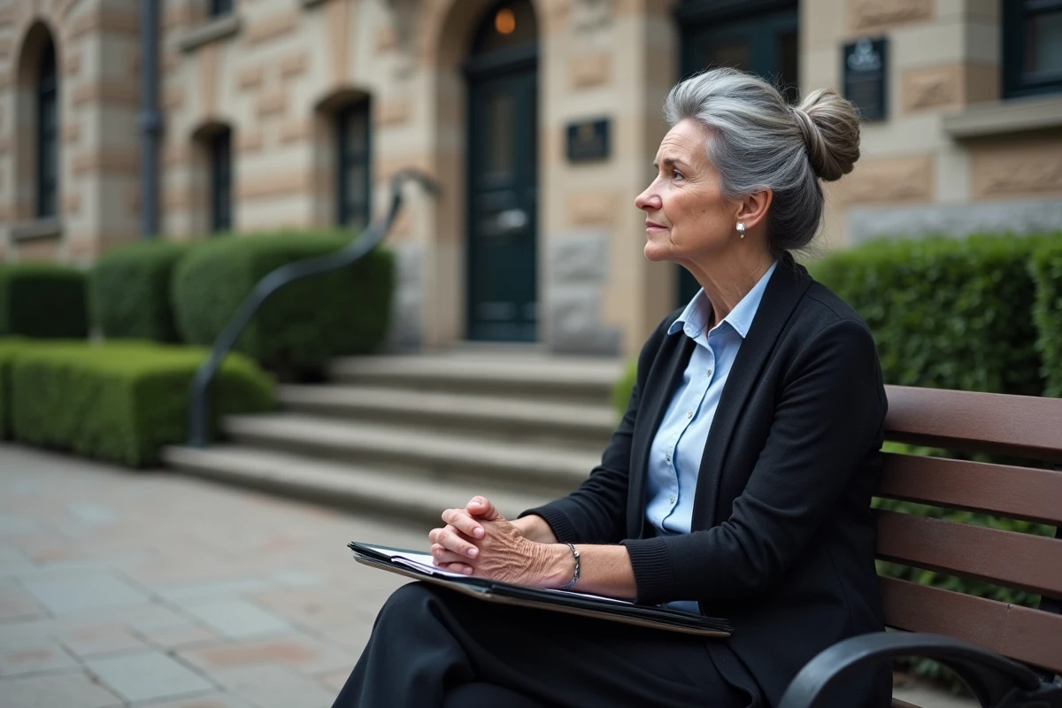 Femme âgée assise devant un tribunal en contemplation