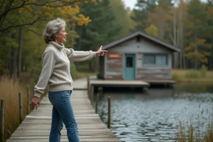 Femme pointant vers une maison à vendre au bord du lac