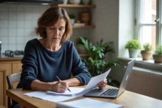 Femme d'âge moyen examinant des documents de location dans une cuisine moderne