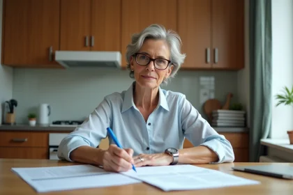 Femme d'âge moyen lisant des documents de location à la maison