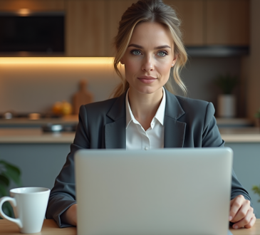 Femme d affaires dans une cuisine moderne avec ordinateur
