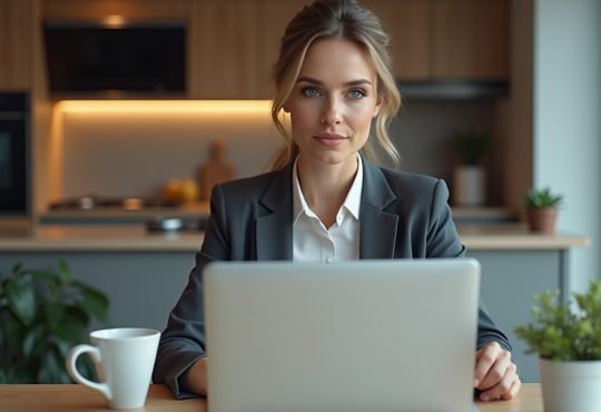 Femme d affaires dans une cuisine moderne avec ordinateur