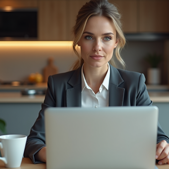 Femme d affaires dans une cuisine moderne avec ordinateur