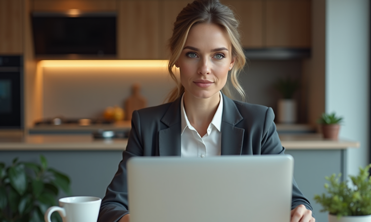 Femme d affaires dans une cuisine moderne avec ordinateur