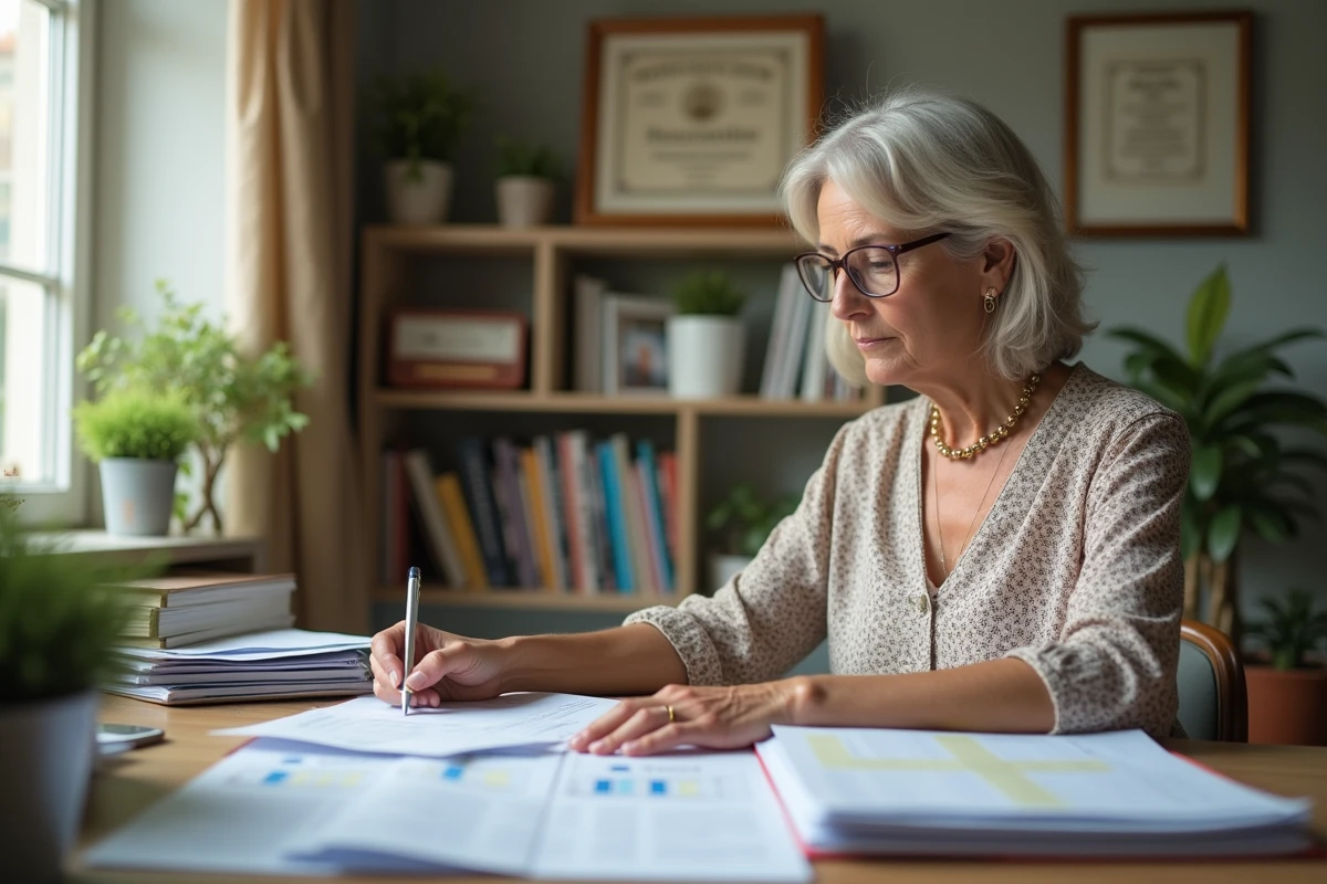 Femme en blouse organise des papiers administratifs à son bureau lumineux