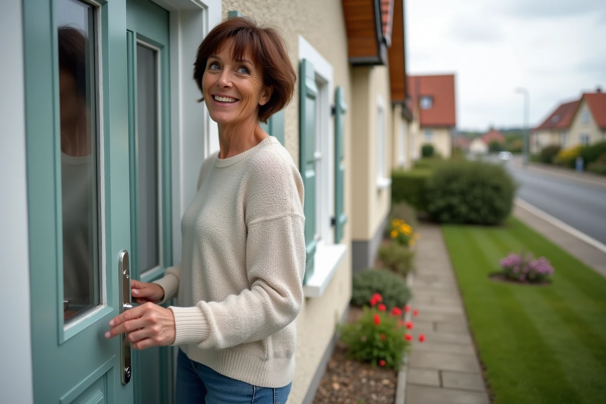 Femme souriante ouvrant la porte d'une maison avec jardin fleuri