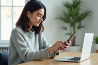 Femme paramétrant l'application MyNexity sur son smartphone dans un bureau à domicile moderne