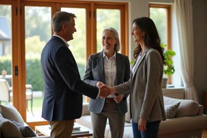 Femme professionnelle souriante serre la main d'un couple dans un salon lumineux