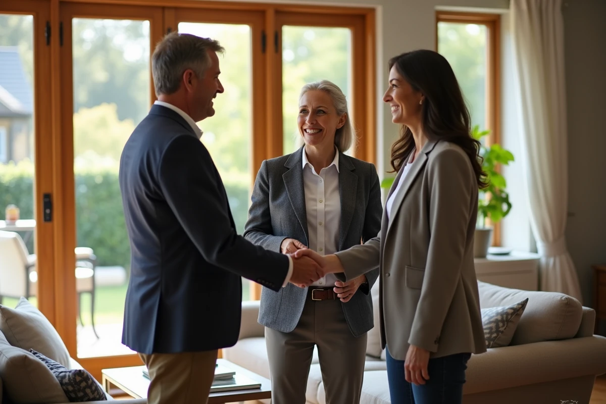 Femme professionnelle souriante serre la main d'un couple dans un salon lumineux