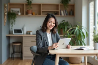 Jeune femme professionnelle utilisant une tablette dans un appartement moderne