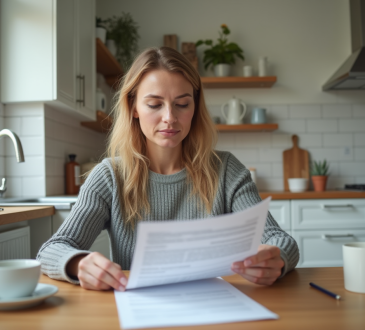 Femme dans sa cuisine remplit un formulaire d'assurance