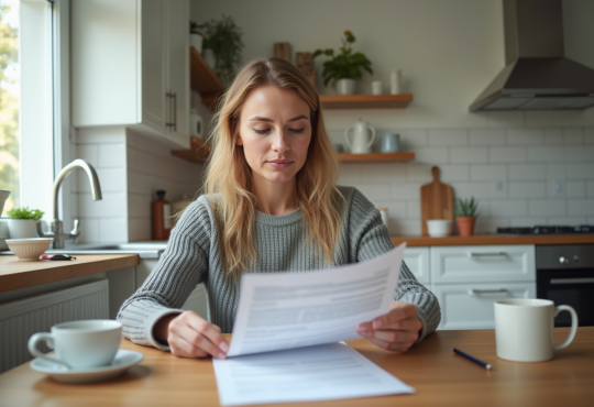 Femme dans sa cuisine remplit un formulaire d'assurance
