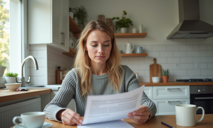 Femme dans sa cuisine remplit un formulaire d'assurance