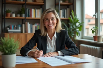 Femme signant un contrat de location dans son appartement