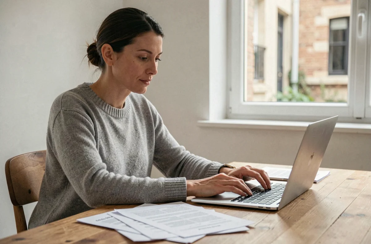 Femme consultant un simulateur de surloyer sur son ordinateur portable avec des documents budgétaires sur une table en bois dans un appartement moderne