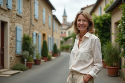 Femme souriante regardant un panneau dans une rue calme d'Aix