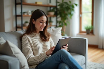Jeune femme avec tablette dans un salon lumineux