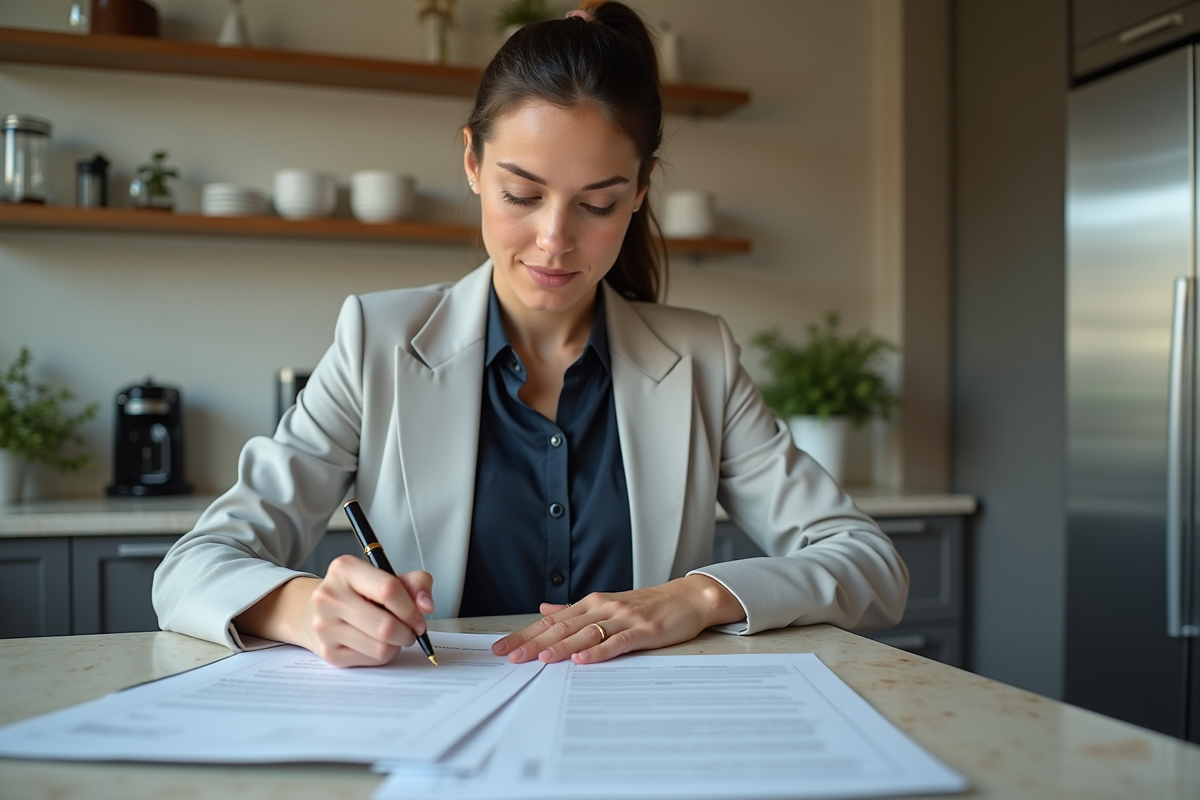 Femme vérifiant des documents hypothécaires à la maison