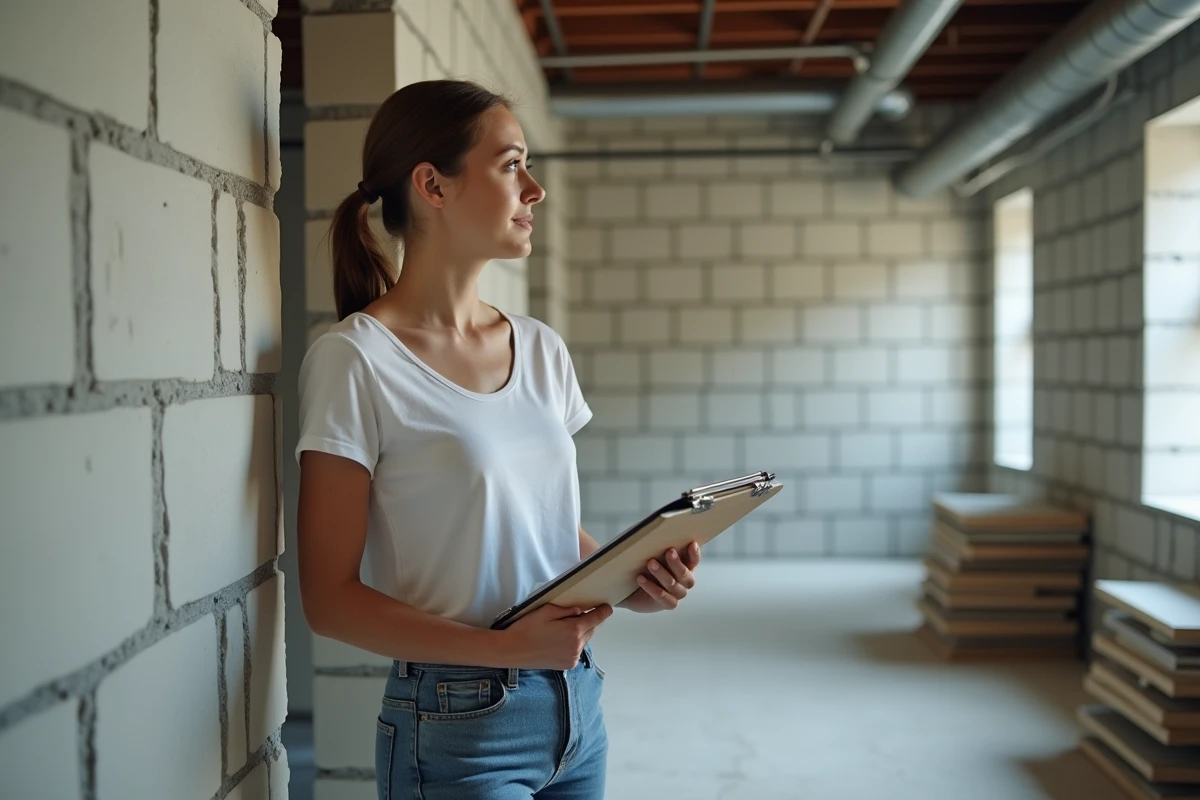 Jeune femme examinant un mur en béton dans un sous-sol
