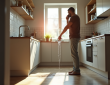Propriétaire inquiet au téléphone avec fuite d'eau dans la cuisine