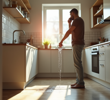 Propriétaire inquiet au téléphone avec fuite d'eau dans la cuisine