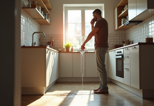 Propriétaire inquiet au téléphone avec fuite d'eau dans la cuisine