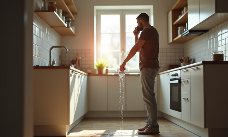 Propriétaire inquiet au téléphone avec fuite d'eau dans la cuisine