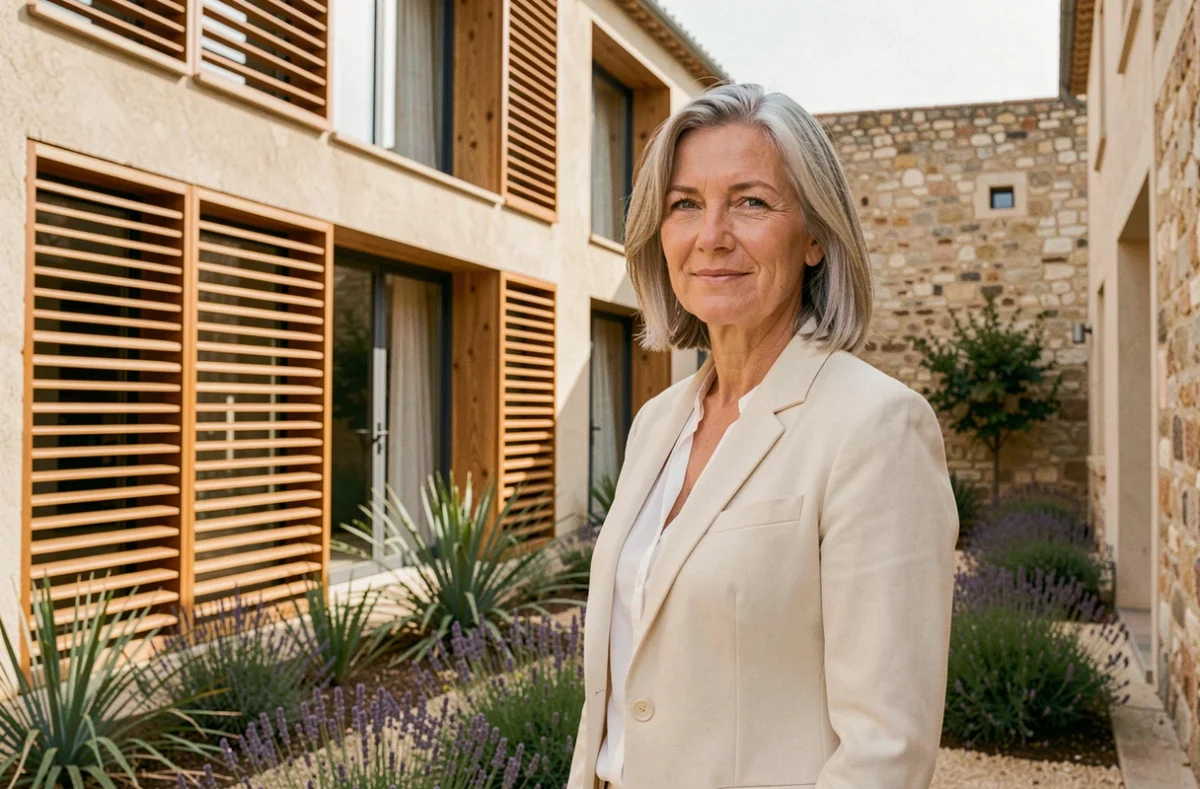 Architecte de Genesius Architecture devant un bâtiment bioclimatique contemporain avec écrans en bois et jardin méditerranéen