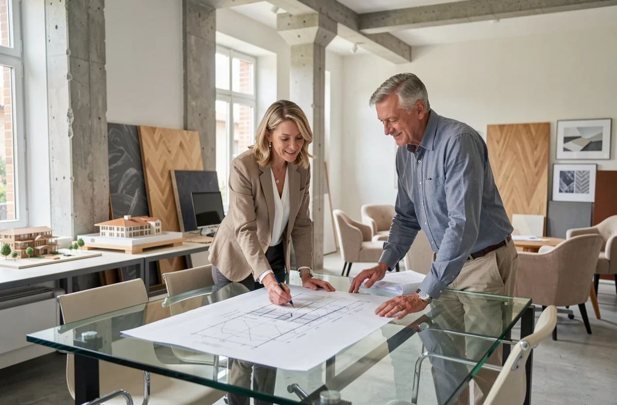 Équipe de l'agence Gestin Architectes en réunion autour de plans sur une table en verre dans un bureau contemporain