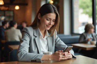 Femme consultant l'application Prop.itea sur smartphone dans un café moderne, illustration de la gestion immobilière mobile